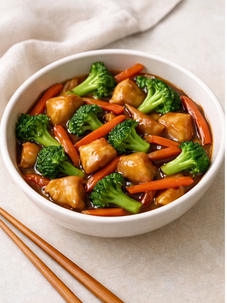 Honey garlic chicken stir-fry served over brown rice
