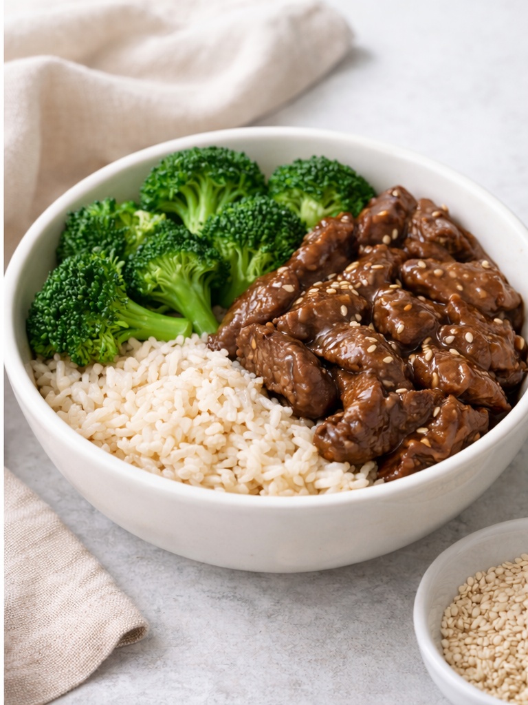 Teriyaki beef and broccoli bowls served over rice